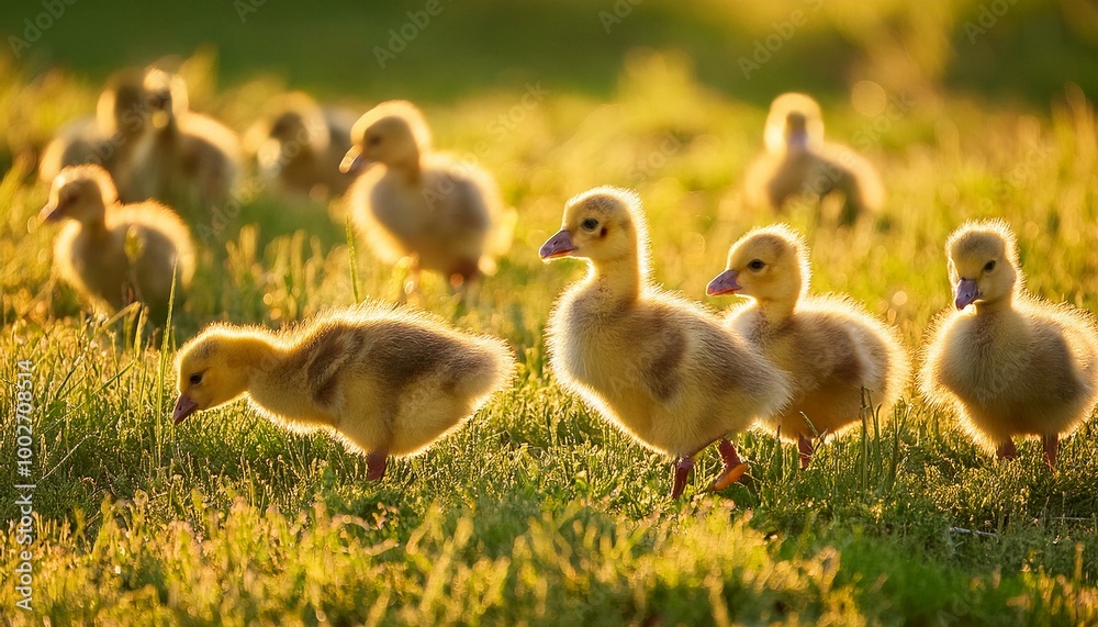 Obraz premium Many geese chicks in a meadow Free range on the farm
