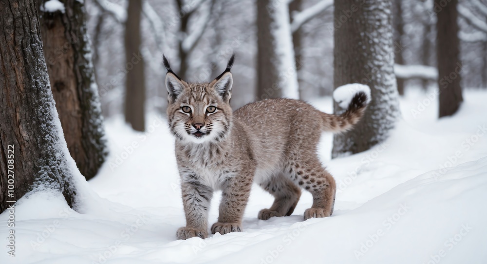 Playful lynx cub exploring a snow laden woodland filled with snow covered trees
