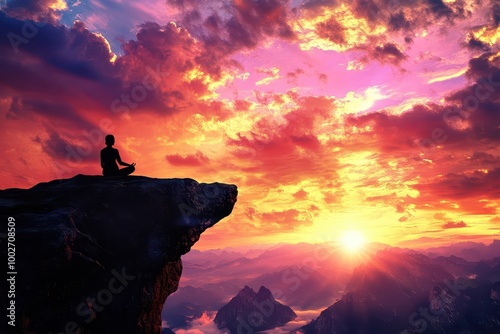 Person meditating on mountain cliff at sunrise, silhouette against majestic sky and mountains