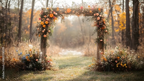 Fototapeta Naklejka Na Ścianę i Meble -  Rustic themed floral arch creating a warm and inviting backdrop for an autumn wedding ceremony  The natural botanical features lush greenery vibrant fall foliage and romantic blooms