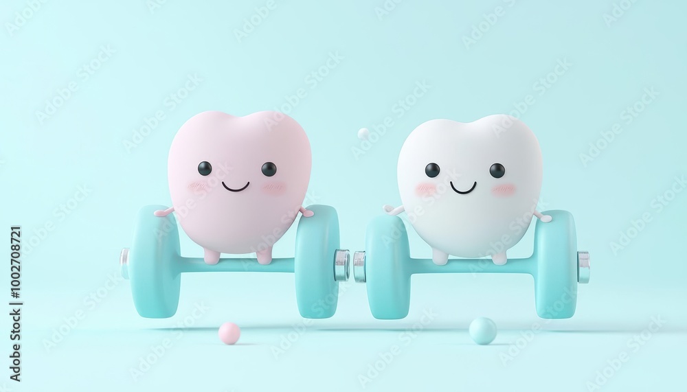 Cheerful cartoon teeth with dumbbells promoting dental health and fitness in a playful, colorful setting. Cheerful cartoon teeth with dumbbells promoting dental health and fitness in a playful, colorful setting.
