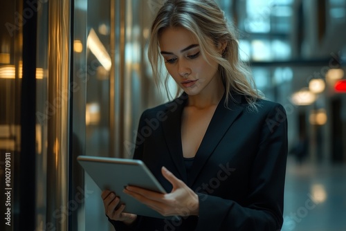 side view of an elegant girl in a business black suit who is holding a tablet and reading correspondence, financial adviser uses Internet technology on a pc computer near the, Generative AI