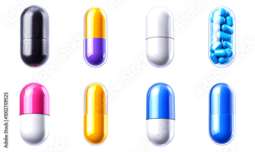 Colorful arrangement of various capsules and pills in different shapes and colors isolate on transparent background, png, cutout