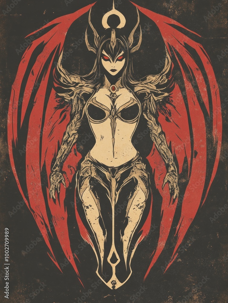A female demon with red wings, a horned headdress, and a jeweled chestplate stands against a dark background. A female demon with red wings, a horned headdress, and a jeweled chestplate stands against a dark background.