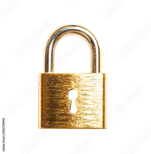 Golden padlock with a silver arch isolate on transparent background, png, cutout