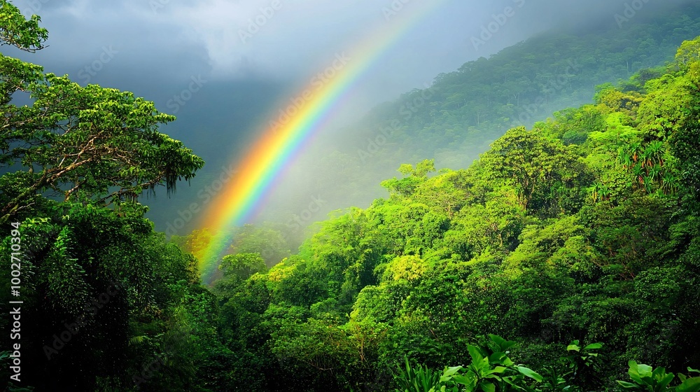 A lush tropical forest with a rainbow arching overhead A vibrant, densely packed tropical forest comes alive under a light rain shower, with a rainbow arching across the sky. The deep green tones of A lush tropical forest with a rainbow arching overhead A vibrant, densely packed tropical forest comes alive under a light rain shower, with a rainbow arching across the sky. The deep green tones of