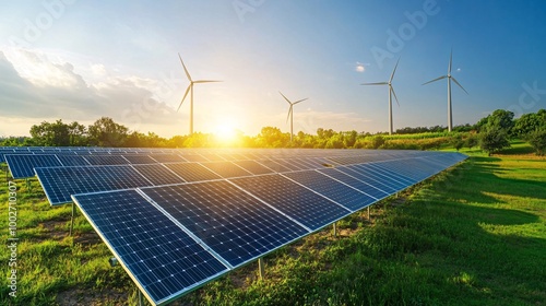 A solar farm at sunrise Rows of solar panels stretch across the landscape, glistening under the warm rays of the early morning sun. In the background, wind turbines spin gently, representing the
