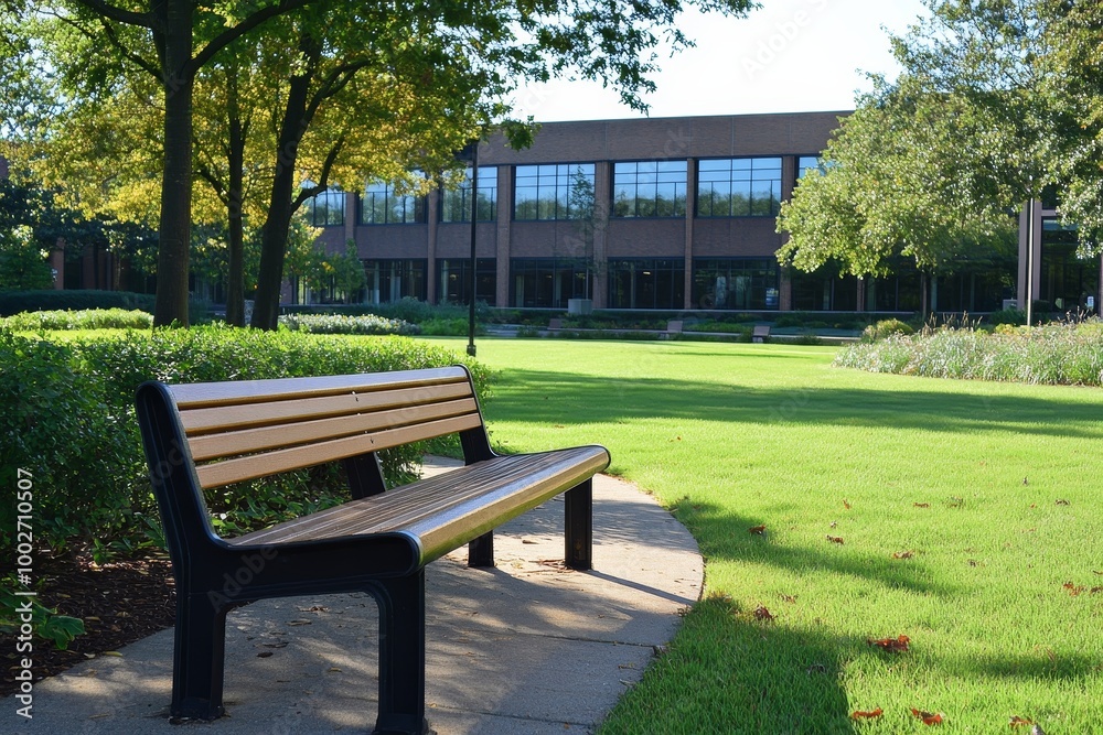 Fototapeta premium bench trees lawn green park office Modern building complex commercial exterior business architecture campus facility school industrial work workplace corporate university, Generative AI