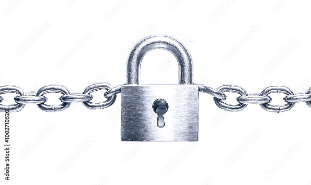 Shiny silver padlock secured on a metal chain isolate on transparent background, png, cutout Shiny silver padlock secured on a metal chain isolate on transparent background, png, cutout