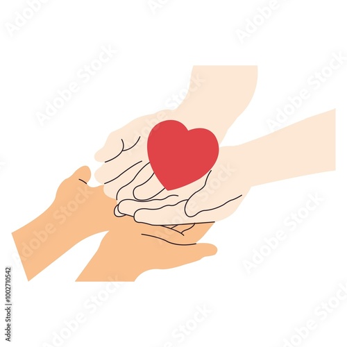 Charity Day Illustration. Two hands form a heart shape symbolizing love, unity, and affection, conveying a powerful message of care and connection.Hand with woman and heart shape. Concept of support a