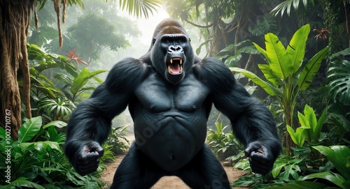 Strong black gorilla pounding its chest in a vibrant jungle filled with tropical plants