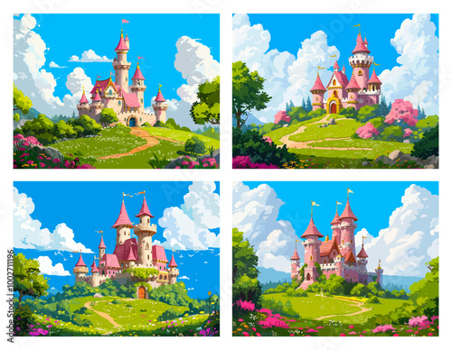 Princesses castles. Princess fantasy pink castle magic palace fairy tale tower royal beautiful building on green hill cloud background vector illustration
