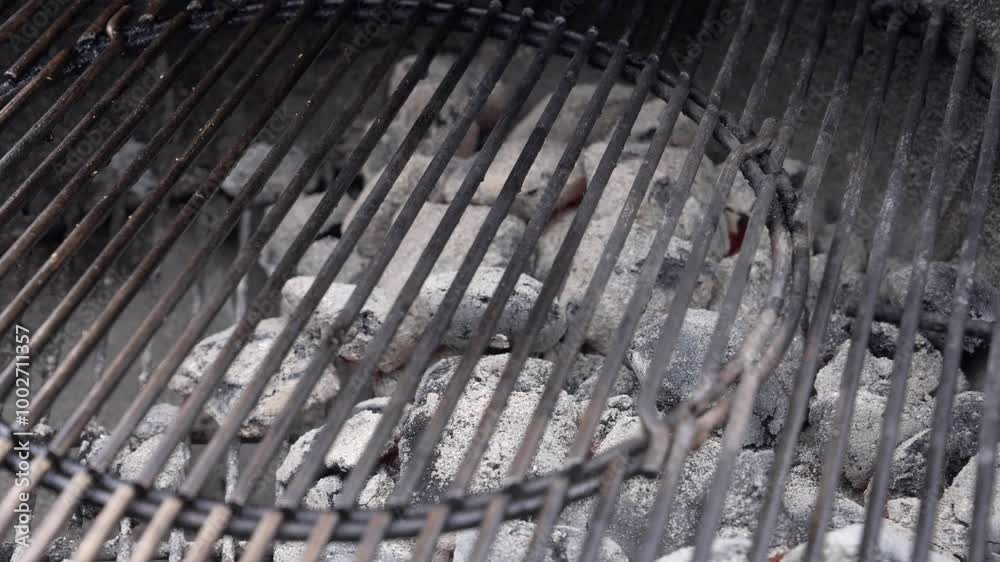 Parrilla de barbacoa con briquetas de carbón encendidas listas para cocinar