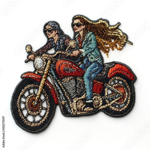 Two women riding a motorcycle embroidered patch.