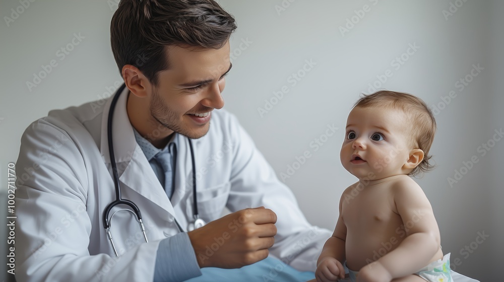 Smiling pediatrician entertaining adorable baby girl during checkup Smiling pediatrician entertaining adorable baby girl during checkup