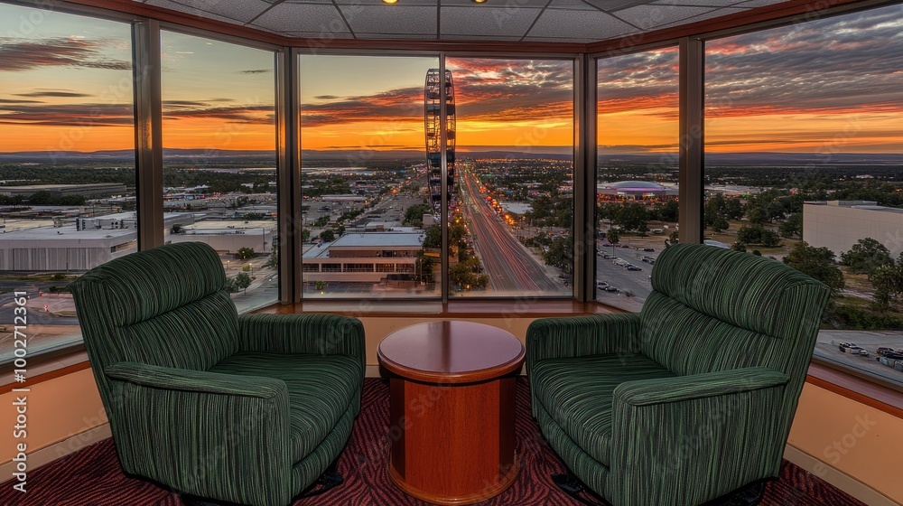 Sunset Cityscape View from Ferris Wheel Cabin
