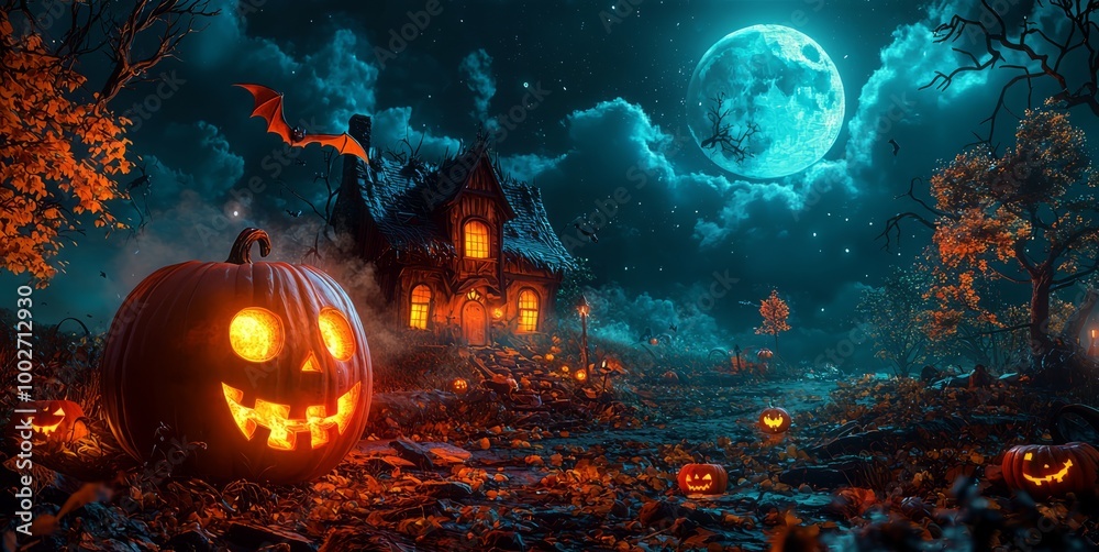 Naklejka premium Spooky Halloween scene with a glowing jack-o'-lantern and haunted house