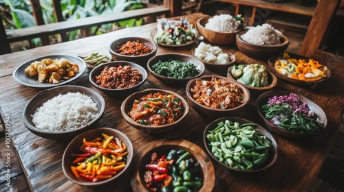 A spread of Sundanese village cuisine with fresh vegetables, rice, and local dishes, served in bowls and plates on a wooden table, ready for a feast.