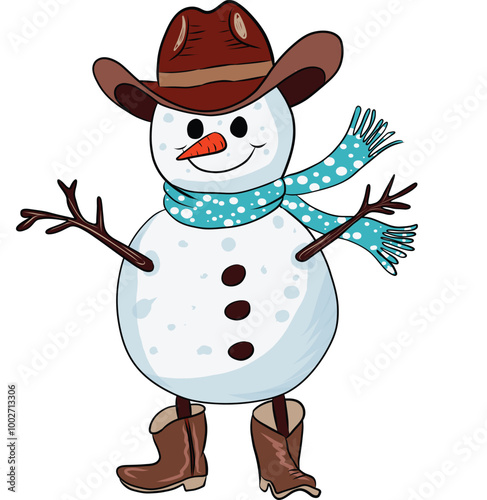 Snowman wearing a hat and cowboy boots. Art & Illustration