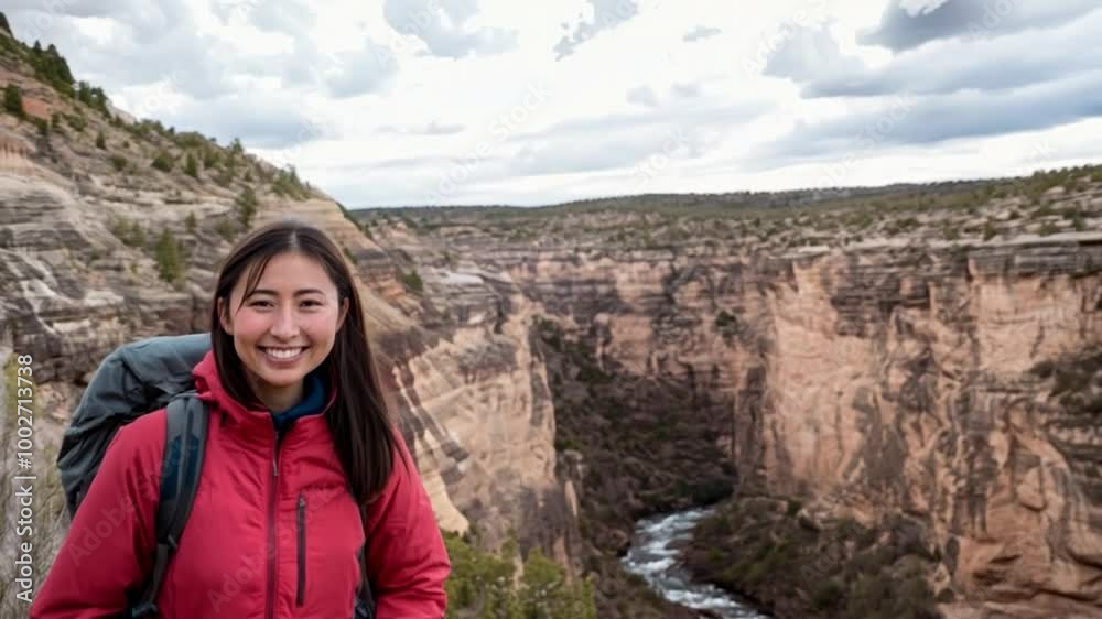 Young asian woman smiles on a hiking trail overlooking a canyon landscape with a river, cloudy skies, and rugged terrain Young asian woman smiles on a hiking trail overlooking a canyon landscape with a river, cloudy skies, and rugged terrain