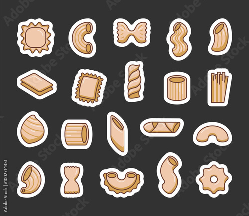 Macaroni in different shapes. Sticker Bookmark. Tasty pasta product. Hand drawn style. Vector drawing. Collection of design elements.