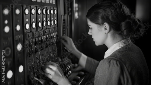 The woman is intently adjusting various levers and knobs on intricate control panels, showcasing her role in a historical workspace from the early 1900s photo