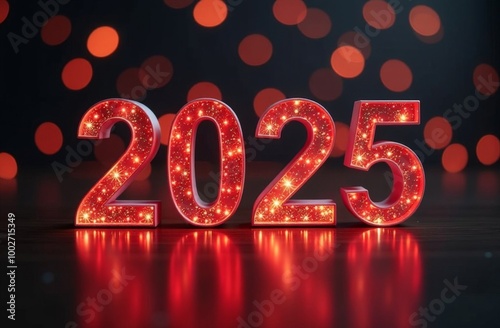 Holiday background Happy New Year 2025. Numbers of year 2025 made by gold candles on bokeh festive sparkling background. celebrating New Year holiday, close-up. Space for text