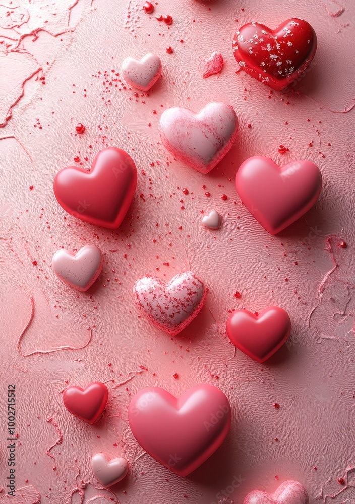 A vibrant arrangement of heart-shaped chocolates in shades of red and pink, set against a soft pink background, Perfect for Valentine's Day promotions, love-themed projects, or dessert menus, A vibrant arrangement of heart-shaped chocolates in shades of red and pink, set against a soft pink background, Perfect for Valentine's Day promotions, love-themed projects, or dessert menus,