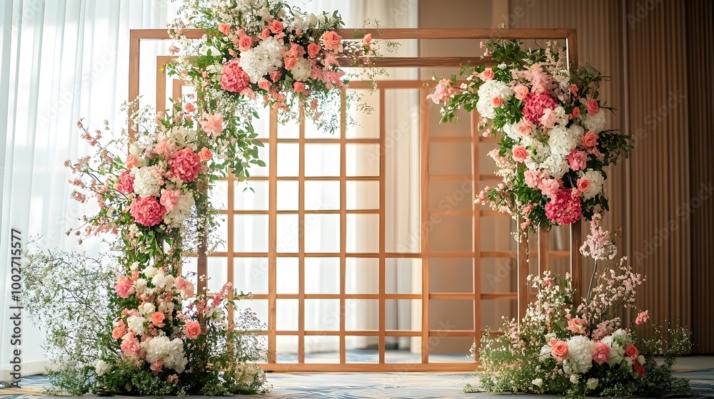 Naklejka premium Elegant wooden arch backdrop adorned with lush floral arrangements of vibrant roses peonies and greenery creating a beautiful and enchanting setting for event photography and