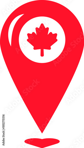 A vibrant vector illustration of a location pin in colors of Canadian flag with a red maple leaf at its center, symbolizing the country's national emblem in a flat cartoon style. Celebrating national 