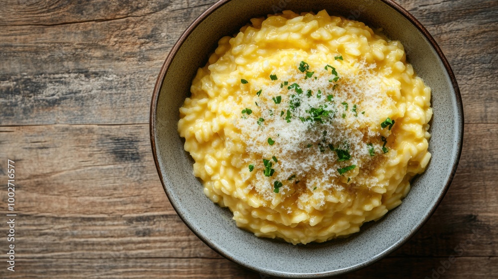 Top View of Creamy Saffron Risotto Served in a Bowl with Grated Parmesan on Top Top View of Creamy Saffron Risotto Served in a Bowl with Grated Parmesan on Top