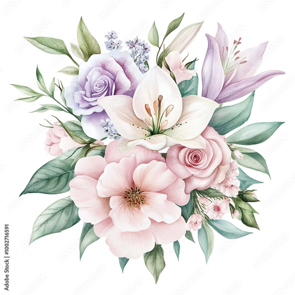 Isolated delicate watercolor bouquet, flowers with lush green leaves. White background Illustration, perfect for wedding invitations and greeting cards Isolated delicate watercolor bouquet, flowers with lush green leaves. White background Illustration, perfect for wedding invitations and greeting cards