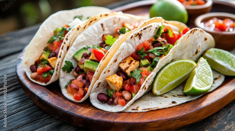 Vibrant Gourmet Vegetarian Taco Platter with Roasted Veggies, Beans, and Avocado on Colorful Table Setting