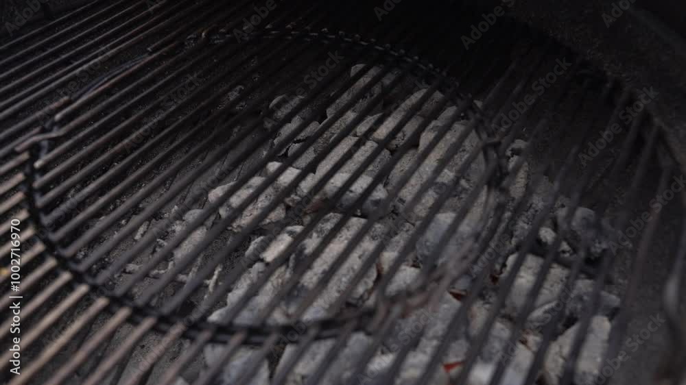Parrilla de carbón lista para asar al aire libre con tapa abierta
