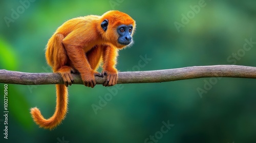 A red howler monkey perched on a branch, roaring into the dense forest