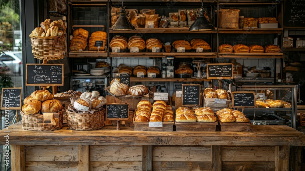 Bakery display with fresh bread and pastries on rustic wooden shelves