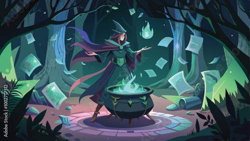 Witch Stirring a Glowing Cauldron in the Forest Halloween Background Vector Illustration