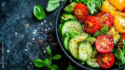 Fresh and Vibrant Salad Bowl - Celebrating World Vegetarian Day with Cherry Tomatoes, Cucumbers, and Avocados on Colorful Background