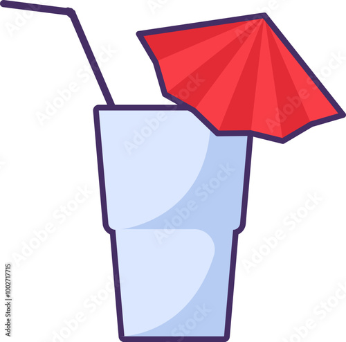 Vector cocktail glass with a tube and a cocktail umbrella for cocktails, shakes, juice, and other beverages in a bright outline style. Tableware for picnics, trips, outdoor activities, banquettes, pub