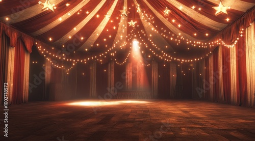 A vintage circus tent with red and white stripes, stars on the ceiling, and fairy lights hanging from it. 