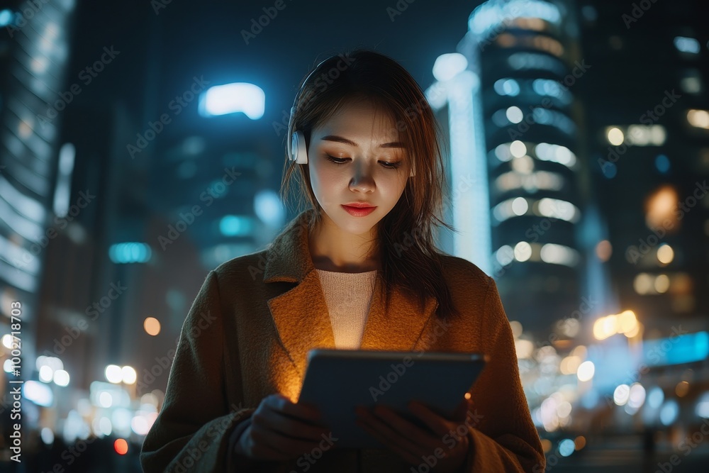 Fototapeta premium female banker using tablet and wireless earphones outdoors near his office background lights, portrait young woman professional manager working on touch pad near skyscraper in evening, Generative AI