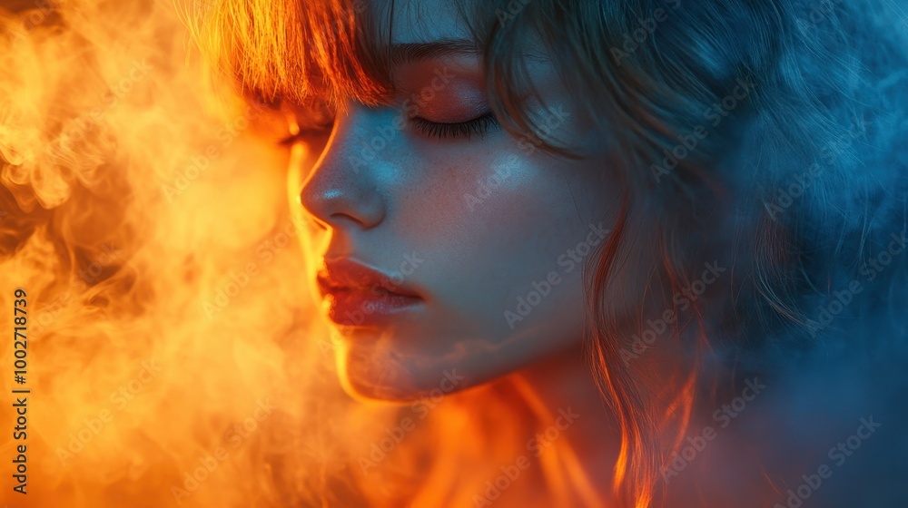 A close-up of a woman's face illuminated by warm orange and cool blue lighting with ethereal smoke swirling around her, Ideal for themes of beauty, emotions, and artistic expression, A close-up of a woman's face illuminated by warm orange and cool blue lighting with ethereal smoke swirling around her, Ideal for themes of beauty, emotions, and artistic expression,