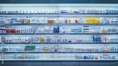 Shelves of Diverse Pharmaceutical and Healthcare Products in Pharmacy or Drugstore