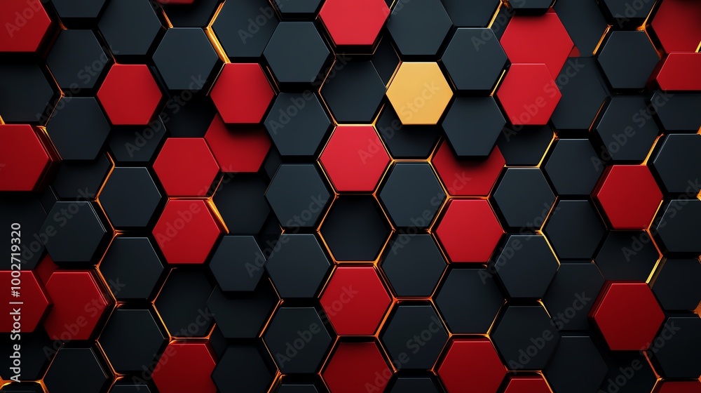 Red and black hexagonal pattern with one gold hexagon, abstract background Red and black hexagonal pattern with one gold hexagon, abstract background