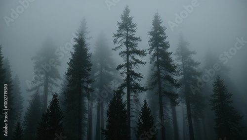  A moody, atmospheric photograph. Layout The image is composed vertically, with tall, slender trees dominating the scene