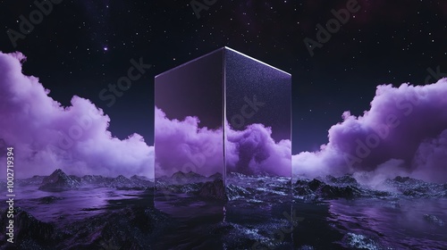 Surrealist scene with purple clouds and reflective cube at night.