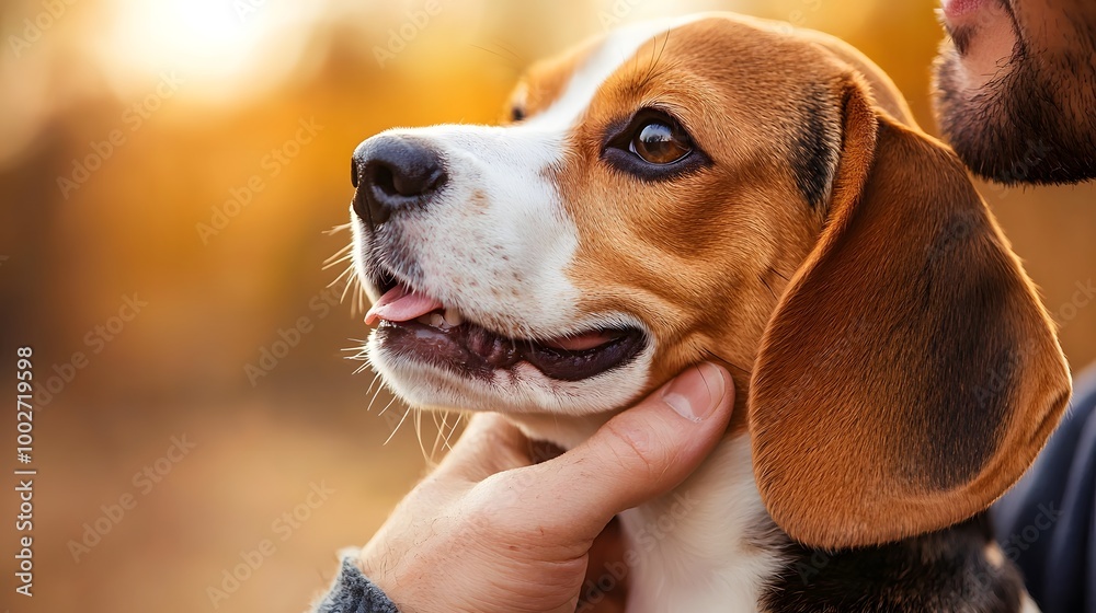 Close-up of a happy Beagle being adored by its owner in a warm autumn setting. Close-up of a happy Beagle being adored by its owner in a warm autumn setting.