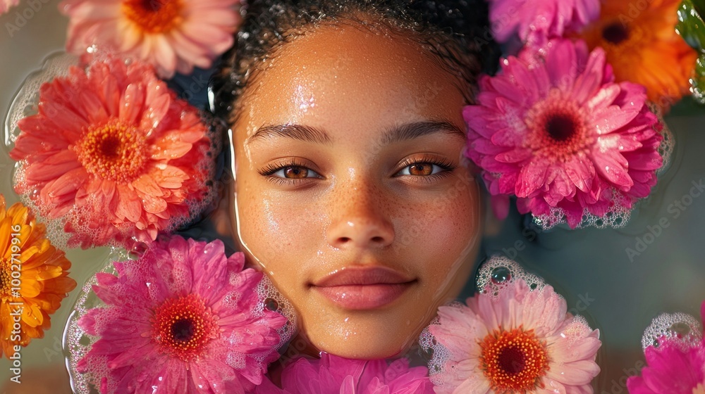 A woman is floating in a bathtub surrounded by pink and orange flowers A woman is floating in a bathtub surrounded by pink and orange flowers