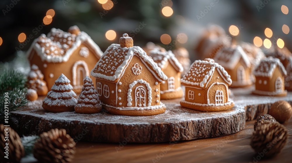 Christmas gingerbread houses on wooden table with colorful bokeh lights background Christmas gingerbread houses on wooden table with colorful bokeh lights background