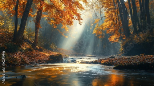 Golden leaves drift gently beside a flowing river in a quiet forest, where sunlight filters through the trees, creating a peaceful and warm atmosphere during autumn